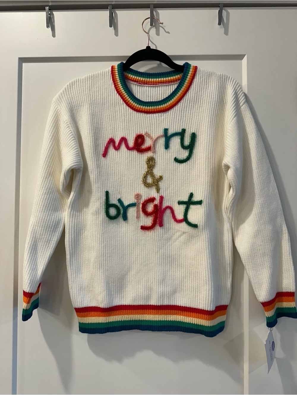 Merry & Bright White Knit Sweater with Rainbow Trim